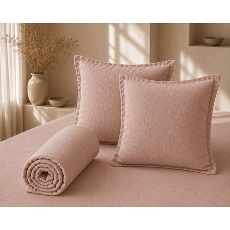 Parure Drap Housse 140 x 190 cm + 2 Taies 60x60 cm 100% Lin Français - Vieux Rose (1/5)