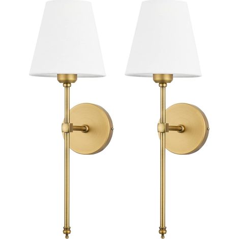 Set of 2 Black Interior Wall Lights with White Fabric Shade, Metal Wall Light Fixture for Bathroom Bedroom Living Room Hallway E27 Bulb Socket (Gold Round) (1/5)