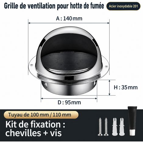 Chapeau de ventilation mural extérieur inox 201 avec grille et clapet anti-retour Ø100mm 201 φ100mm réf 6361 1 kg – Livraison gratuite