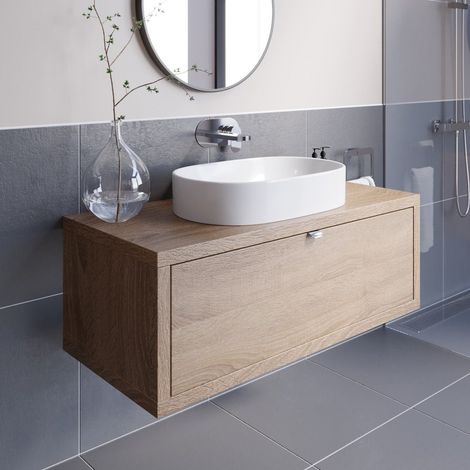 Bathroom Oak Wall Hung Vanity Unit and Basin Sink Cabinet Storage 1100mm with 600mm Oval White Basin