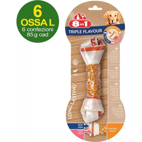 6 Os de taille L à triple saveur de poulet, de bœuf et de porc - OFFRE ÉCONOMIQUE 6 paquets de 1 os chacun