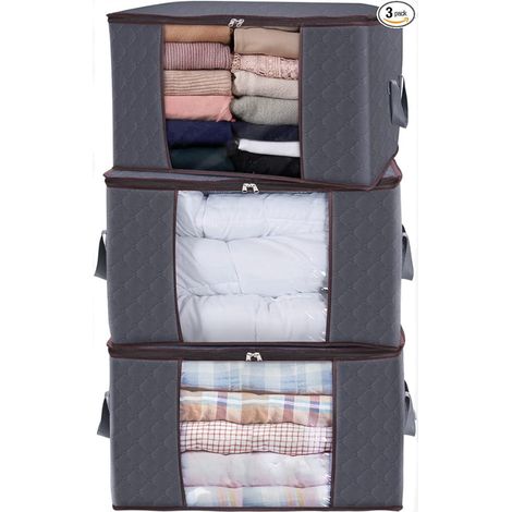 sacs rangement pliables pour vêtements non tissé imperméable épais adapté aux couettes 49 x 36 x 21 cm lot de 3 Tissu Gris (1/4)