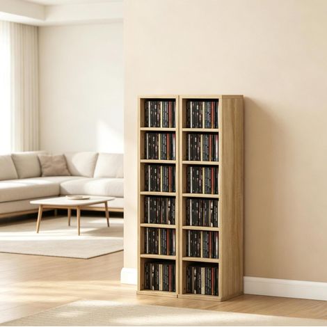Lot de 2 étagères à CD en aggloméré décor chêne, 12 compartiments, 88,5 cm (1/5)