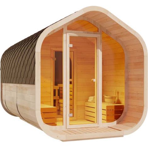 FinnTherm Fasssauna ScandiCube Wave Deluxe Fasssauna 2 Sitzbänke aus Holz , Sauna mit 42 mm Wandstärke, Außensauna mit Montagematerial