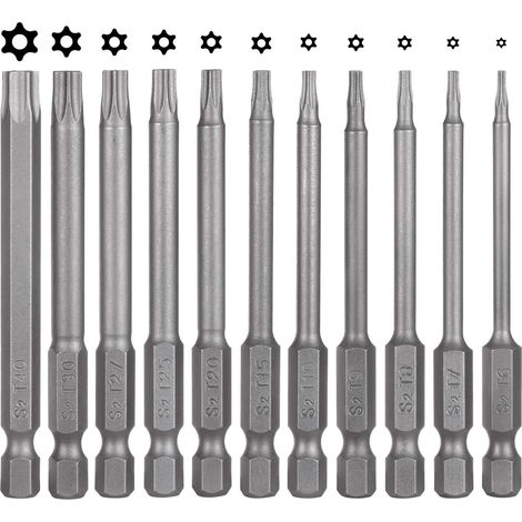 Jeu de 11 embouts de tournevis Torx - 75 mm - Acier S2 - Magnétiques - Hexagonaux - T6 T7 T8 T9 T10 T15 T20 T25 T27 T30 T40 - Embouts Torx électriques pour vis à profil en T
