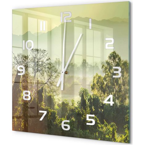 Grande Horloge Murale Carrée Moderne en Verre Mouvement Quartz Silencieux pour Salon Jungle 60x60 cm (1/5)