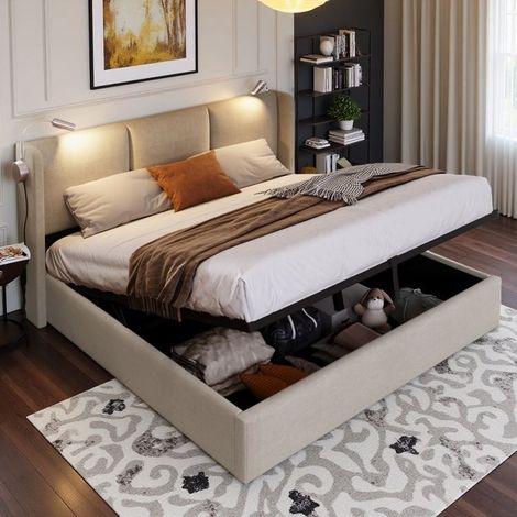 Cama con cofre hidráulico - 160x200 lino beige - Somier de lamas de madera maciza - Lámparas de lectura y USB - Almacenamiento 1,4 m³