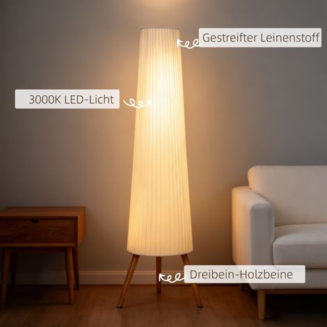 Lampe sur pied LED réglable salon, bois trépied, interrupteur au pied, 46 x 46 x 153 cm, blanc (1/5)
