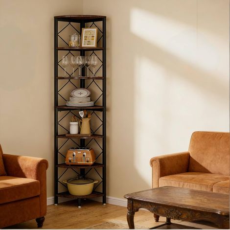 Libreria angolare a 7 ripiani 107x41x16.5 cm, salvaspazio, con kit antiribaltamento, metallo e legno, nero marrone (1/5)