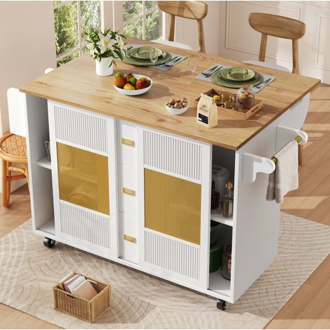 Isola cucina mobile 146,85 x 70 x 90 cm con ruote, piano ribaltabile, bianca (1/5)