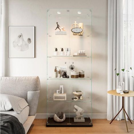 Vitrine 78,5x34,5x186,5 cm, Vitrine aus Glas, Vitrine Schrank, Wohnzimmerschrank, Büro, Runde Lampe, 2 Türen, 5 Abteilungen, Schwarz