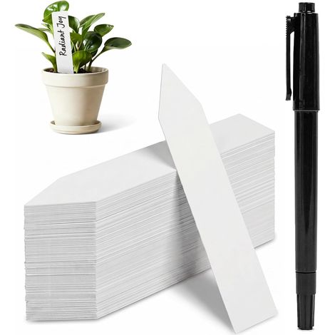 Reusable Garden Seedling Labels – Pack of 100 PVC Plant Markers Water Resistant with Pen for Vegetable Garden, Vegetables, Flowers and Seedling Buckets – 10 x 2 cm (1/5)