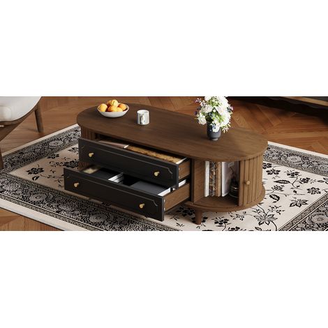 100 x 50 x 36 cm. Table de salon en bois de noyer. Table basse avec deux tiroirs. Table à manger dotée d’une porte mobile. Tablettes accessoires. Table de salon avec 4 pieds de soutien. Bois de noyer  (1/5)