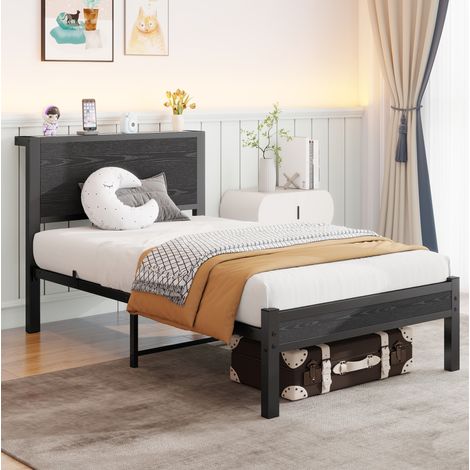 Lit 90x200 avec rangement, MDF et métal noir HAVRYA (1/5)