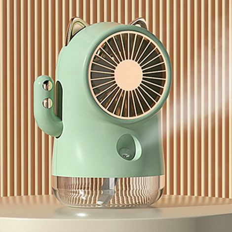 Ventilateur brumisateur de bureau multifonction en forme de chat porte-bonheur, 3 vitesses, petit format, idéal pour la maison, le bureau et les voyages (vert). (1/5)