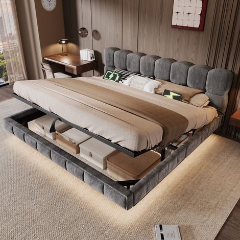 MODFU – Letto contenitore 180x200 cm in ciniglia con LED, USB/Type-C, contenitore idraulico, rete a doghe e carico 300 kg – Grigio (1/5)