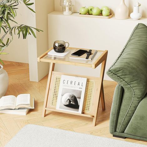 Table d'appoint en rotin style bohème - Table de chevet en verre - Petite table d'appoint en bambou pour chambre à coucher - Table basse avec rangement pour salon et extérieur nature (1/5)