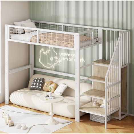 Letto a soppalco 255x95x176 cm bianco in metallo e MDF con armadio e scala (1/5)