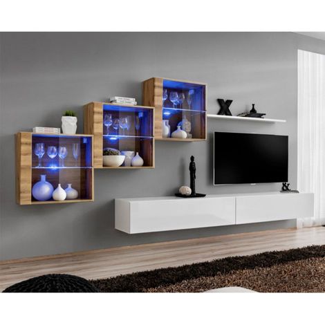 Meuble TV Mural Design "Switch XX" 330cm Blanc & Naturel (1/4)