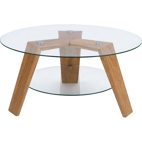 Mesa de centro MCA HHG-397, mesa auxiliar, mesa de café, mesa de salón, madera maciza, cristal redondo Ø 75 cm, roble (1/5)