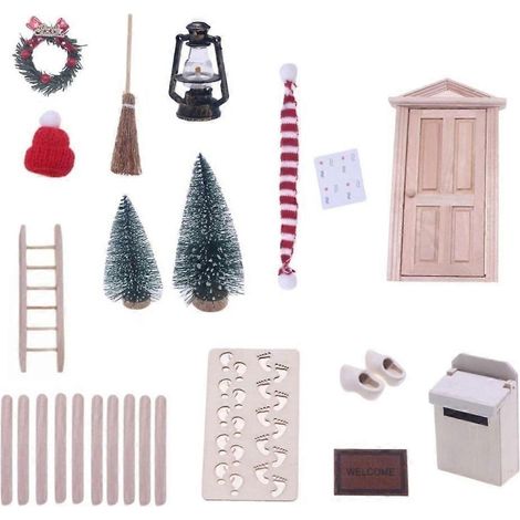 Ensemble miniature de décorations de Noël pour maison de poupée, porte féerique, meubles et jardin elfique (1/4)