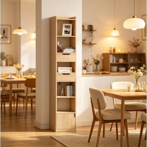 Étagère de rangement 33x24x181 cm chêne clair en bois avec 6 niches, 2 tiroirs et placard (1/5)