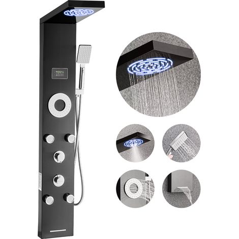 VEVOR Pannello Doccia con Sistema a Torre con Soffione a Pioggia, LED, Colonna Doccia in Acciaio Inox Spazzolato da 1345 mm Rubinetto a 6 Funzioni, con 5 Getti Corporei, Doccetta, Beccuccio per Vasca