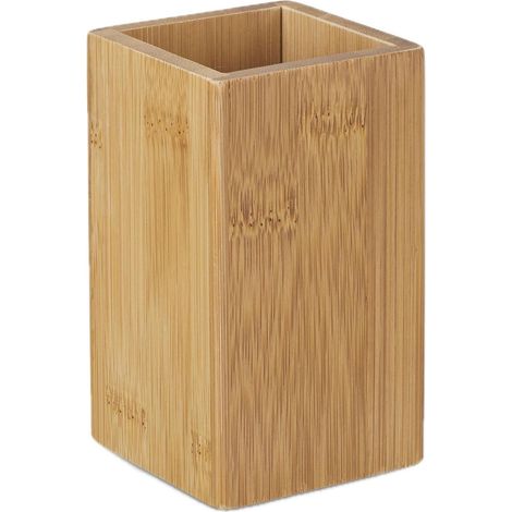 Gobelet porte brosse à dents décoratif 11 x 6,5 x 6,5 cm style contemporain fonctionnel en bambou brun clair (1/3)
