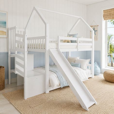 Lit superposé 90x200 avec toboggan et rangement blanc HAVRYA (1/5)