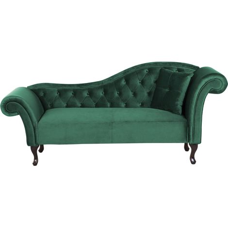 Chaise longue tapizado en terciopelo verde oscuro acolchado capitoné versión derecha con cojín Lattes