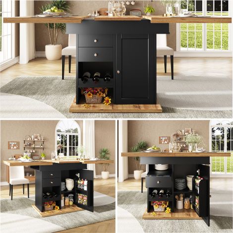 Table à Manger Télescopique 110 à 140cm Extensible 4-6 Personnes, Rangement Sous Table avec Cave à Vin et Compartiment à Snacks Gain d’Espace (1/5)