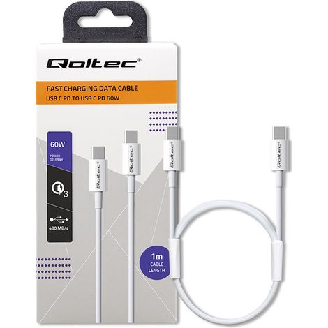 Cavo Qoltec USB 2.0 Tipo C  USB 2.0 Tipo C 60W  QC 3.0  PD  1m  Bianco (1/5)
