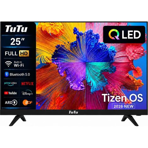 TuTu TU25Q1FQ-T8 Smart TV 25-inch (64 cm), QLED Full HD with Bluetooth Connected TV with WiFi, App Store, AirPlay, Triple Tuner (DVB-T/T2, DVB-C, DVB-S/S2), Molotov and More (1/5)