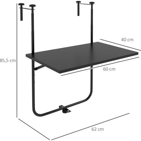 Table murale rabattable pour balcon ou terrasse, hauteur ajustable sur 3 niveaux, charge max 15 kg, dimensions 62 x 60 cm, couleur noire.