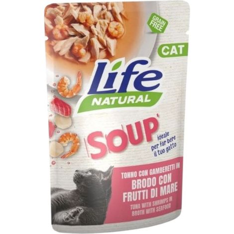Life Gatto Busta Soup 60gr Tonno con Gamberetti in Brodo con Frutti di Mare