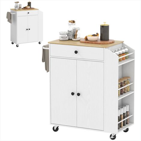 Îlot de cuisine roulant blanc avec tiroir, placard et porte-épices 3 étages, 82x38x86,5 cm (1/5)
