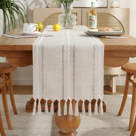 Chemin de table en lin blanc ivoire, 33 x 200 cm, avec pompons, convenant à la salle à manger, la cuisine, le coin lecture et la décoration (1/5)