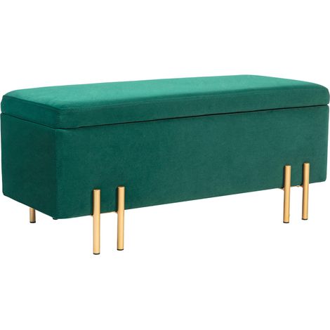 Banc rembourré avec rangement, métal, bois d'hévéa, mousse, 100 x 40 x 42 cm, vert avec assise confortable et rangement intérieur idéal pour salon, chambre à coucher ou bureau (1/5)