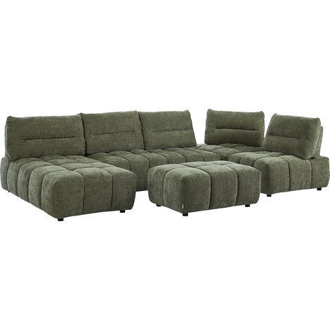 Canapé d'angle panoramique modulable et pouf dossier avance-recule en tissu texturé vert APOLIU (1/5)