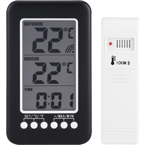 Digitales LCD-Thermometer mit Uhr, kabelloses Temperaturmessgerät, kabelloser Sender, Innen- und Außenbereich (1/5)