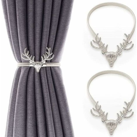 2 Pack Curtain Tiebacks Curtain Holdbacks Adjustable Decorative Alloy Curtain Straps Curtain Clip Buckle (Silver Elk) (1/5)