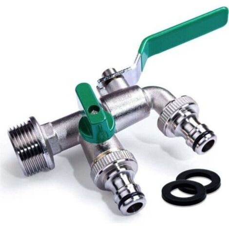 Premium robinet double 1/2 pouce vert/Robinet double en laiton avec 2x 3/4 pouces de sortie /Robinet extérieur anti-rouille et (1/4)