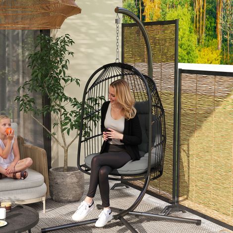 Fauteuil Suspendu en Résine Tressée avec Coussin, Chaise Œuf Pliable Intérieur/Extérieur, Charge 150 kg, Gris Foncé