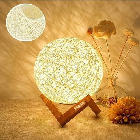 Lámpara de noche LED Fitlife, lámpara de mesita de noche, luz ambiental, hecha de madera de ratán, recargable por USB. (1/2)
