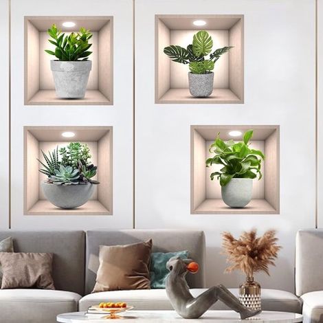 4er Pack 3D Wandtattoos mit grünen Pflanzen 30 × 30 cm Selbstklebende künstliche Pflanzen zur Wanddekoration für Schlafzimmer, Wohnzimmer, Küche (1/5)