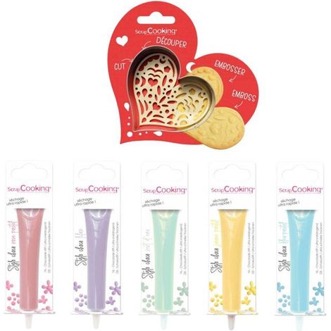 Kit pour biscuits en relief Coeur + 5 stylos choco pastel (1/3)
