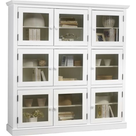 Beaux Meubles Pas Chers – Bibliothèque blanche 9 portes vitrées – Style anglais – Dimensions L163 x H170 x P37 cm – Structure en MDF et pin massif – 3 tablettes réglables (1/4)