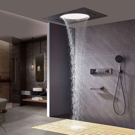 Ensemble de Douche Encastré, 800x600mm Pluie, Cascade Colonne de Douche Thermostatique, Affichage Numérique LED Système de Douche Encastré Pose au Plafond, Robinet de Baignoire, Cuivre 59A (1/5)