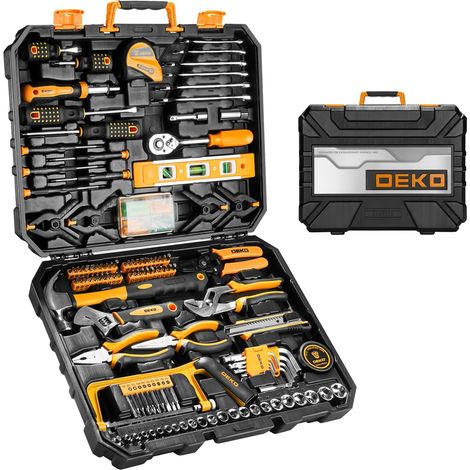 Caisse a Outil 228 Pièces, Malette Boite Coffret Complete Bricolage Portable Marteau Pinces Tournevis Clé Douille Ruban Mesurer Testeur Électrique Stylo Kits Réparation Combiné (1/5)