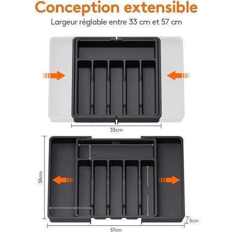 - Range Couverts, Plateau d'Ustensiles Extensible pour Tiroir, Organisateur de Tiroir Réglable pour la Cuisine, Rangement Compact en Plastique pour contenir des Cuillères, Fourchettes, Noir (1/3)
